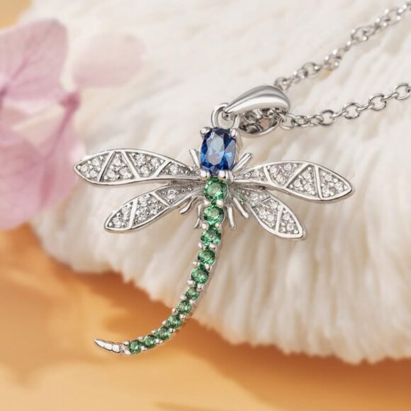 Stunning Blue and Green Dragonfly Necklace - Silver-Plated for Durability - Picture 3 of 6